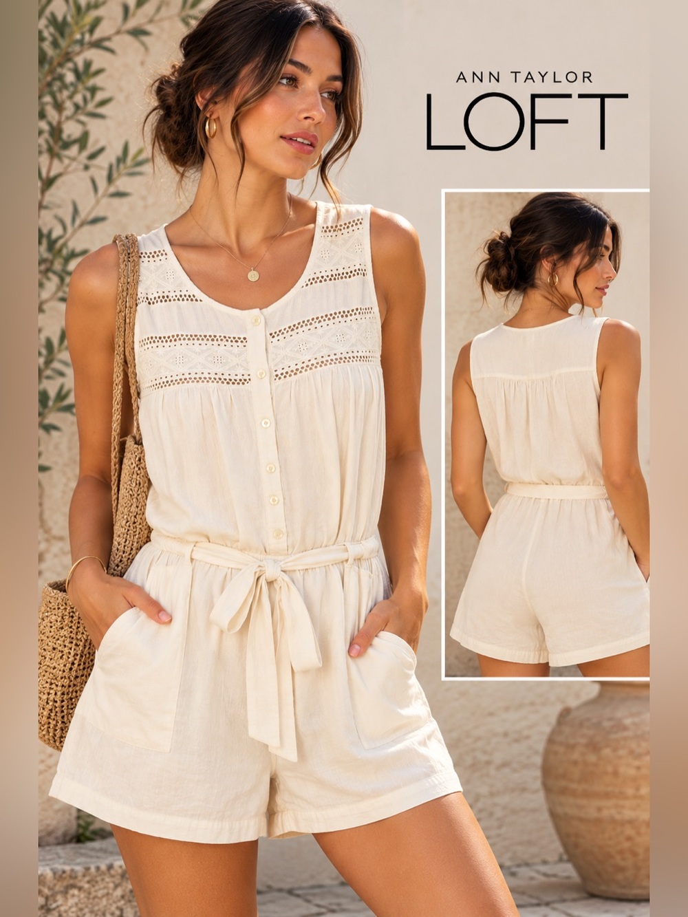 Ann Taylor LOFT Lace Trim Romper Beige Cotton Size M